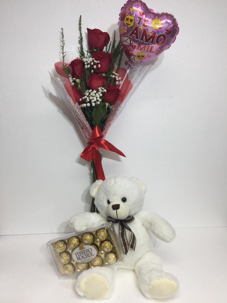 Ramo de 06 Rosas ms Bombones Ferrero Rocher 150 Grs, Peluche Blanco de 26 cm y Globito